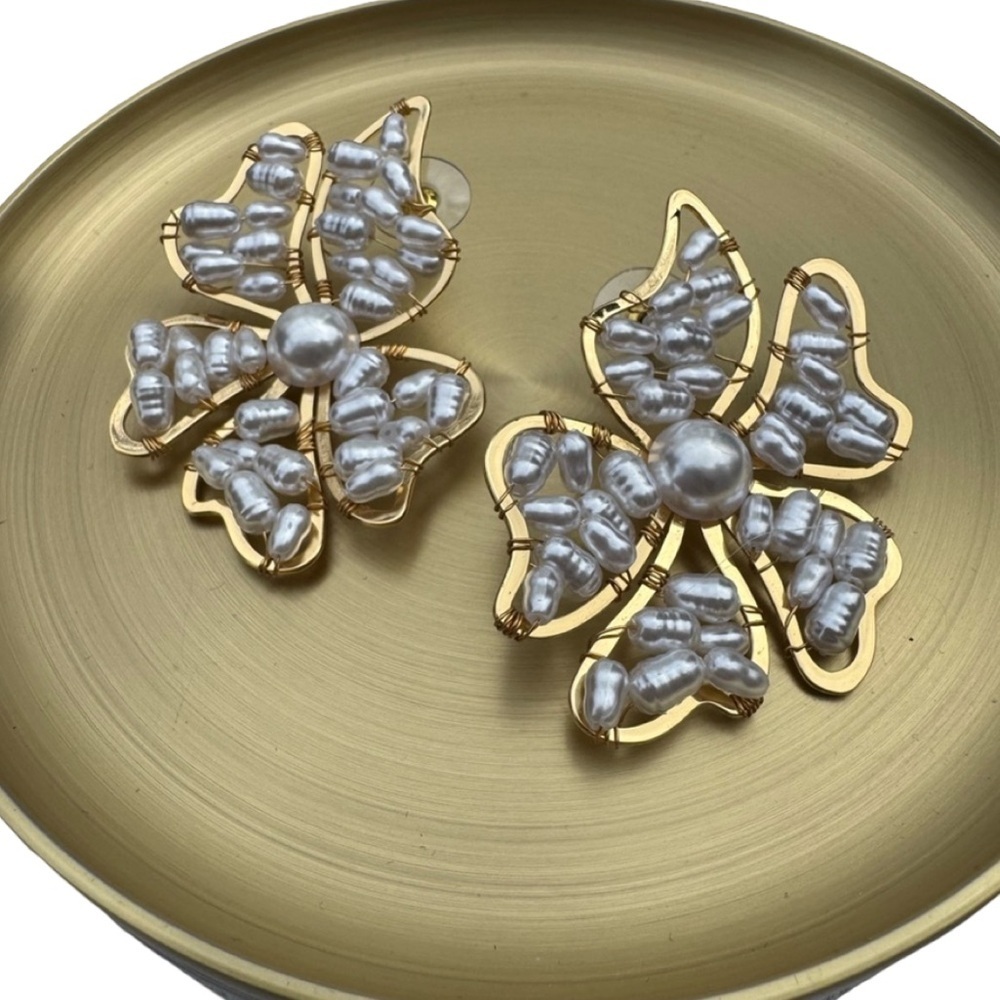 Anthropologie Gold Floral Pearl Cluster Statement Earrings